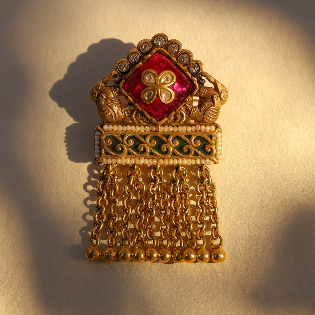 Aanura Gold-Plated Green Kundan Tassel Ring
