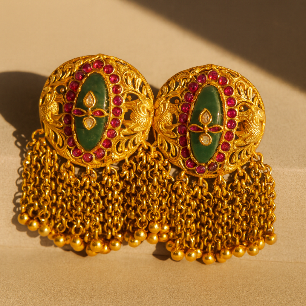 Aanura Gold-Plated Green Ruby Tassel Rings