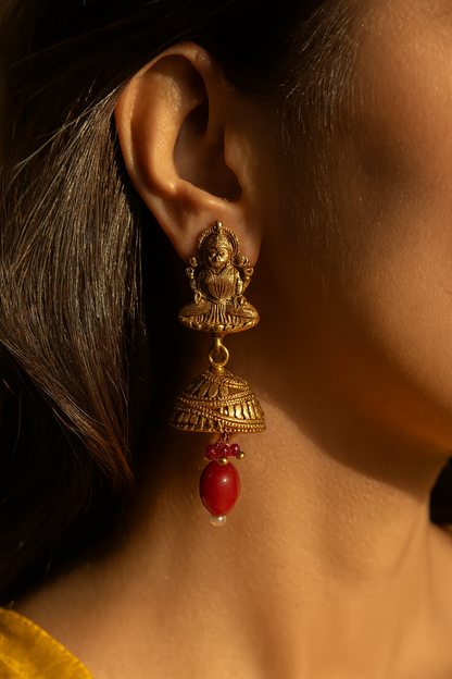 Aanura Temple Earrings with Red Stone Drop