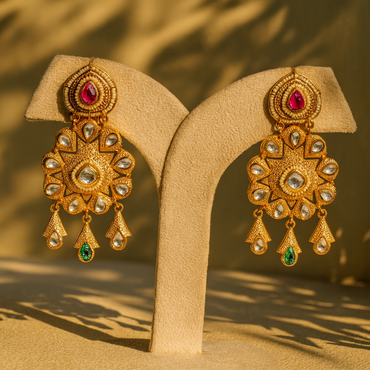 Aanura Gold Kundan Earrings with Red & Green Stones