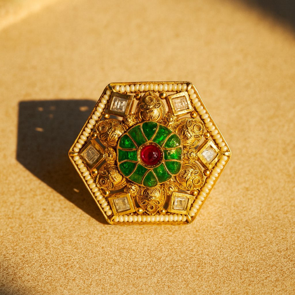 Aanura Gold-Plated Hexagon Green & Ruby Statement Ring