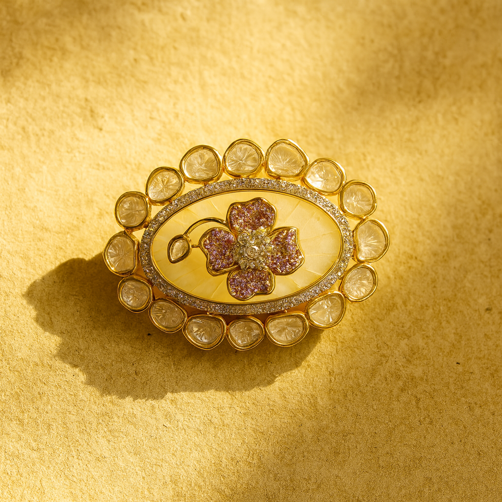 Aanura Gold-Plated Floral Oval Ring with Stones