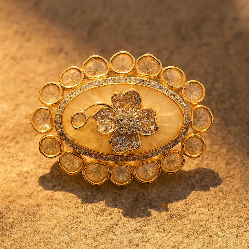 Aanura Gold-Plated Floral Oval Ring with Stones