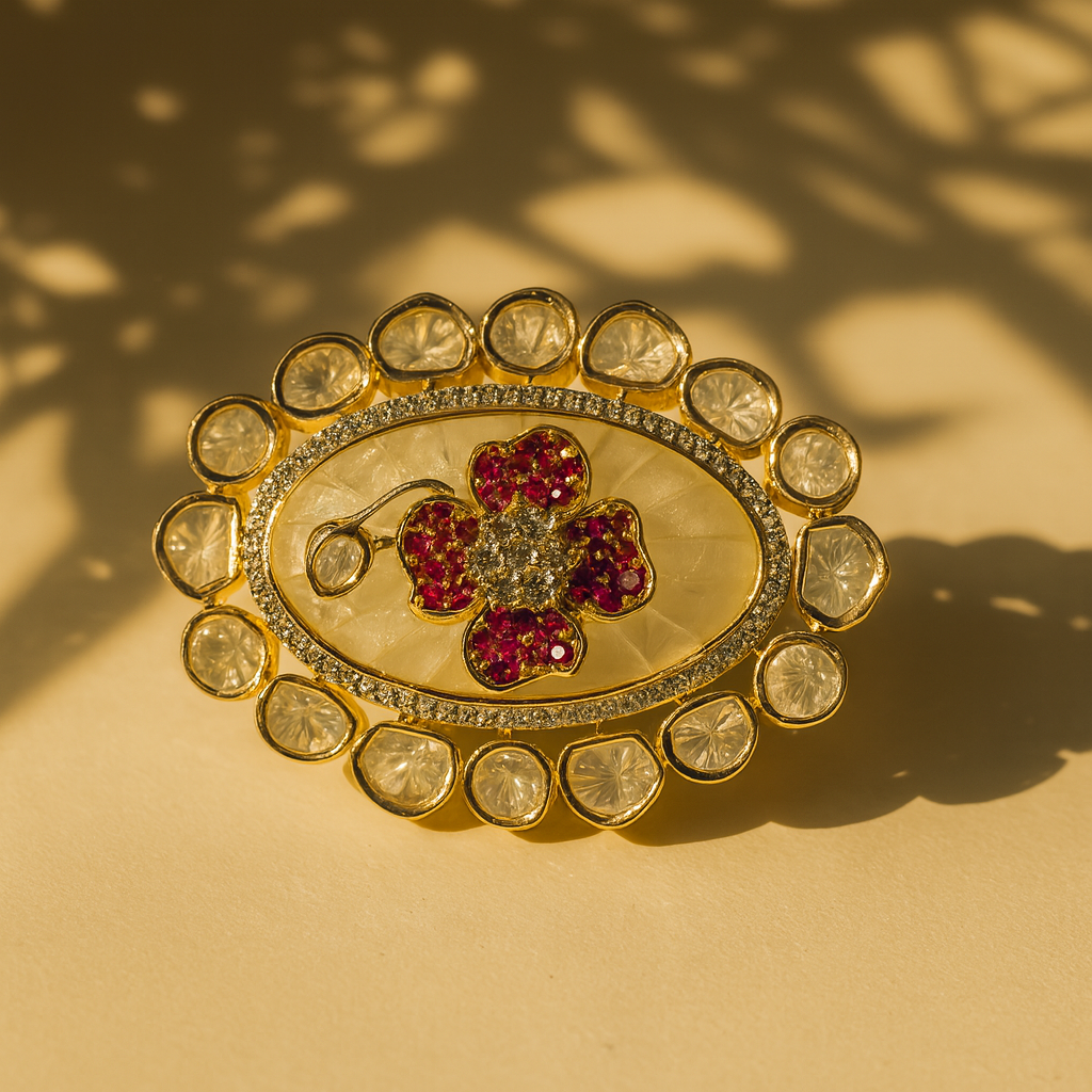 Aanura Gold-Plated Floral Oval Ring with Stones
