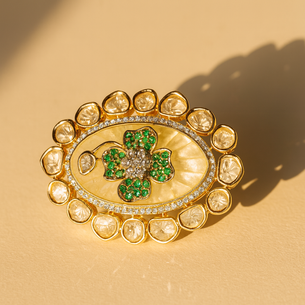 Aanura Gold-Plated Floral Oval Ring with Stones