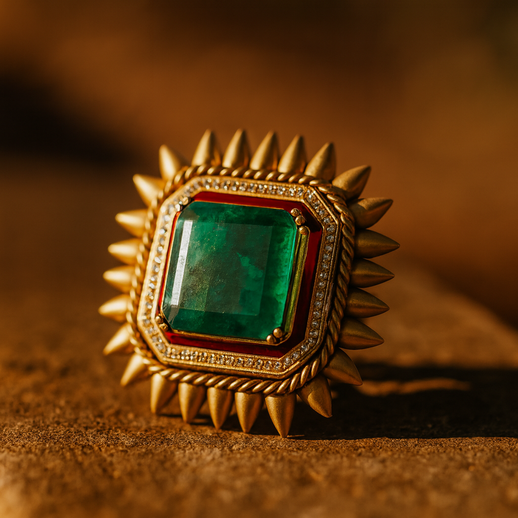 Aanura Gold-Plated Square Green Stone Statement Ring