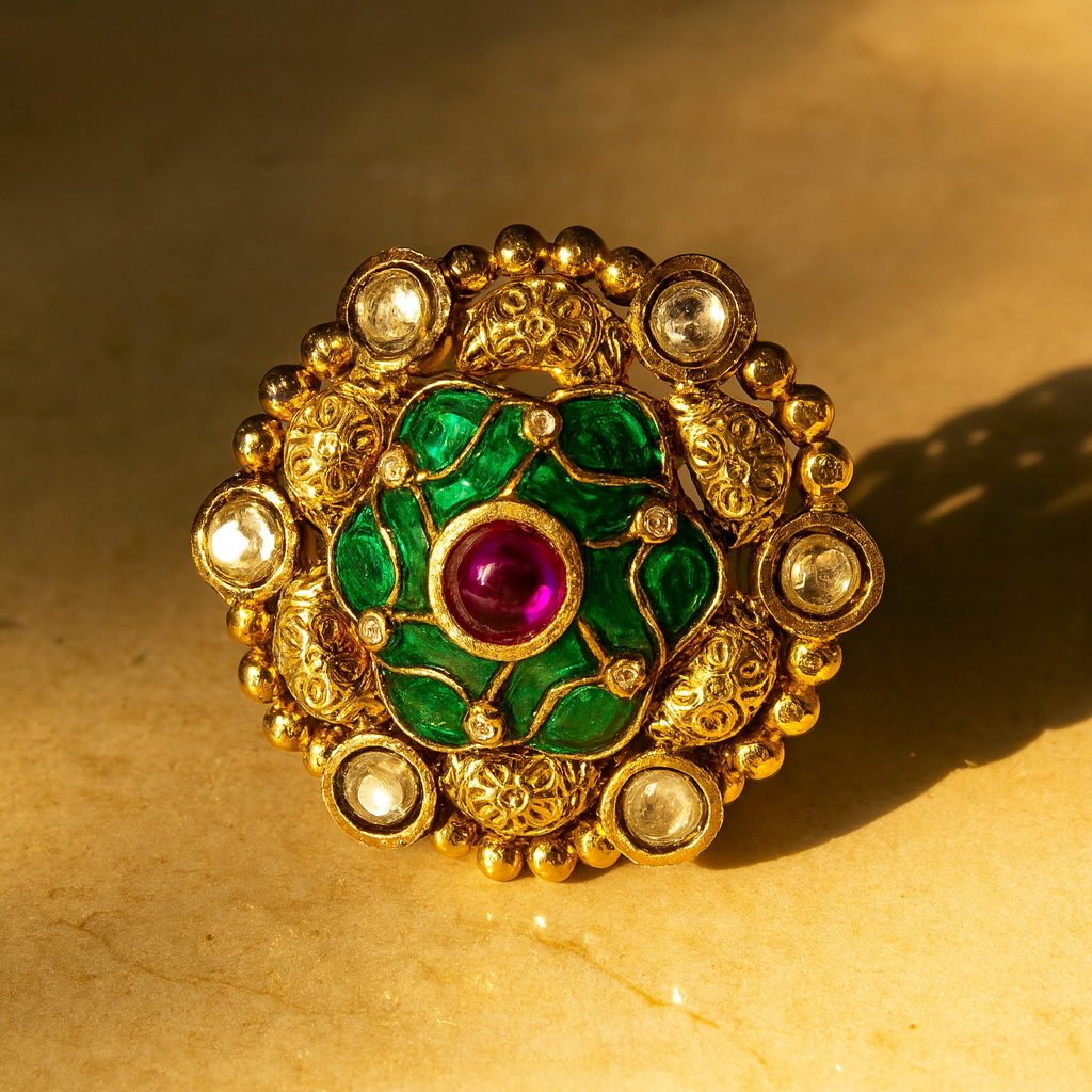 Aanura Gold-Plated Round Ruby & Green Floral Ring