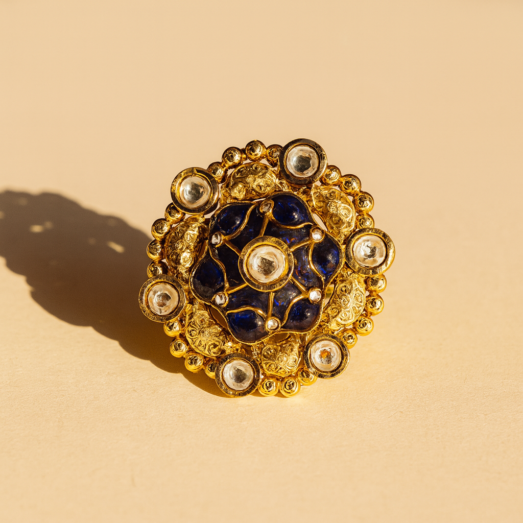 Aanura Gold-Plated Round Ruby & Green Floral Ring