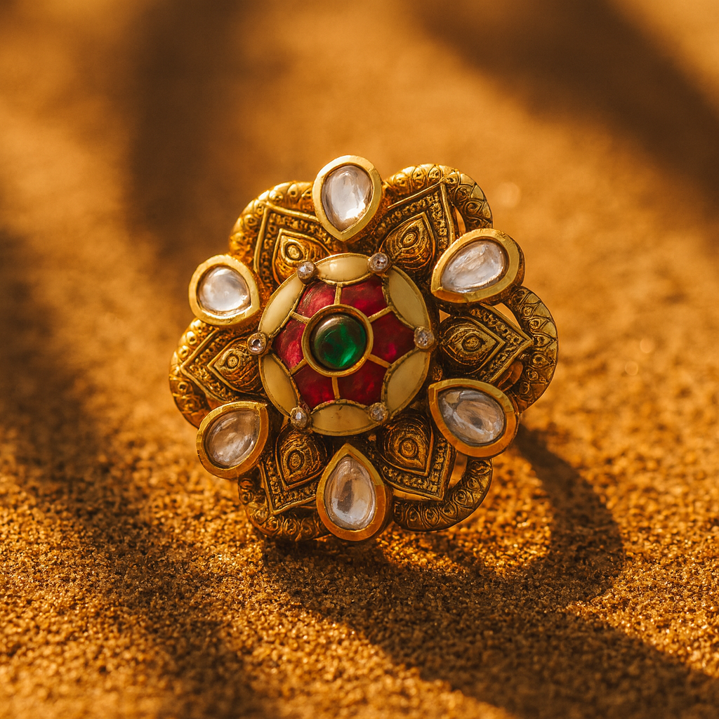 Aanura Gold-Plated Floral Kundan Green Ruby Ring