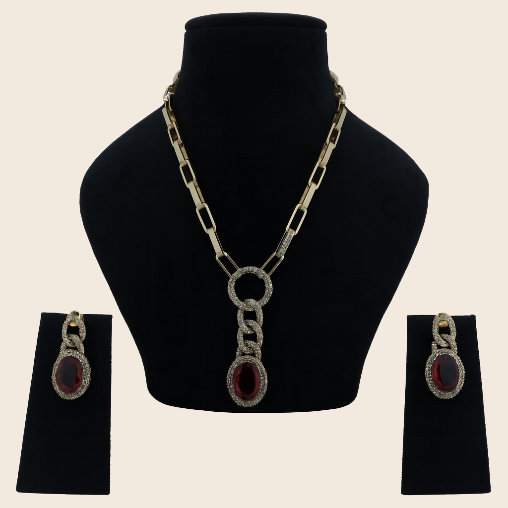 Aanura Red Stone Chain-Link Necklace with Earrings