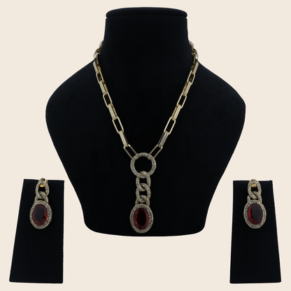 Aanura Red Stone Chain-Link Necklace with Earrings
