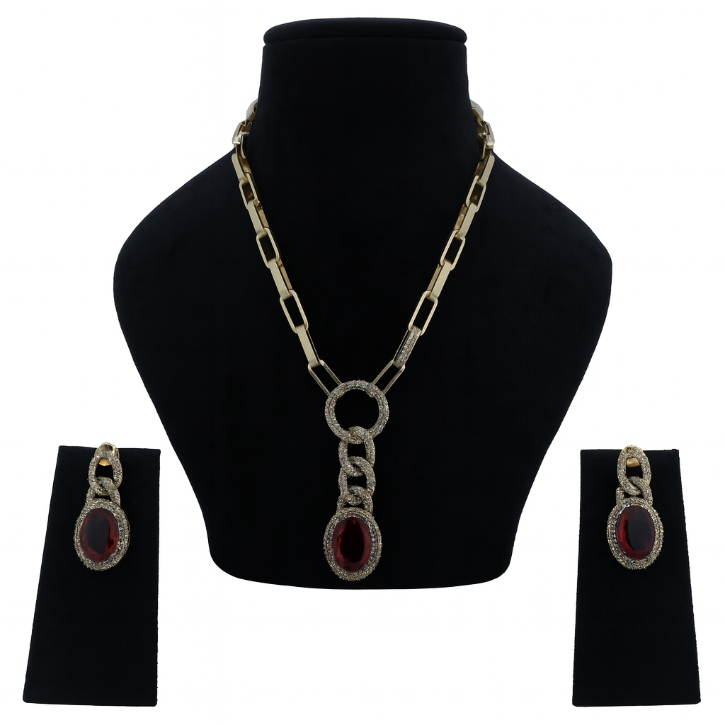 Aanura Red Stone Chain-Link Necklace with Earrings