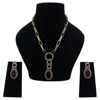 Aanura Red Stone Chain-Link Necklace with Earrings