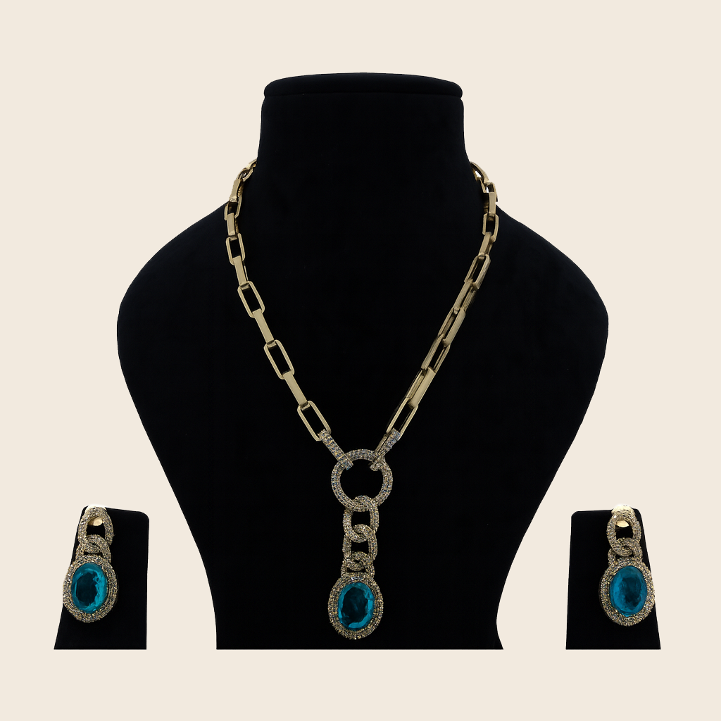 Aanura Red Stone Chain-Link Necklace with Earrings