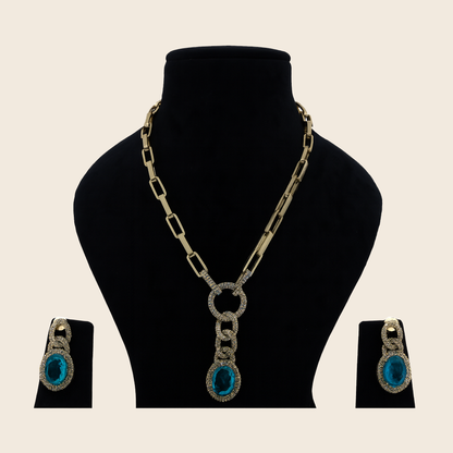 Aanura Red Stone Chain-Link Necklace with Earrings