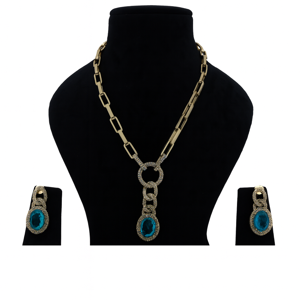 Aanura Red Stone Chain-Link Necklace with Earrings