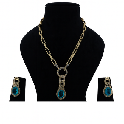 Aanura Red Stone Chain-Link Necklace with Earrings