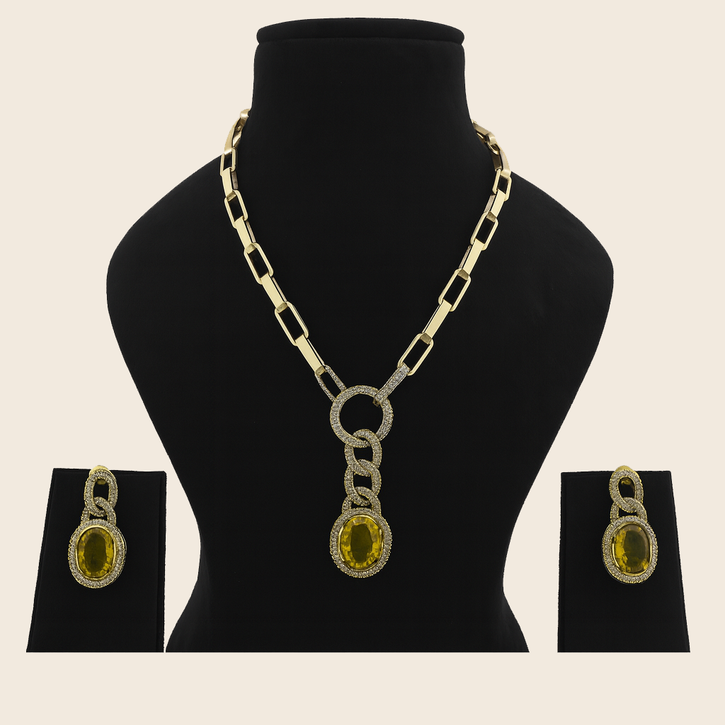 Aanura Red Stone Chain-Link Necklace with Earrings