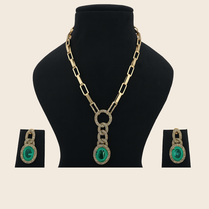 Aanura Red Stone Chain-Link Necklace with Earrings