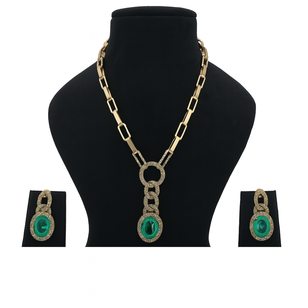 Aanura Red Stone Chain-Link Necklace with Earrings