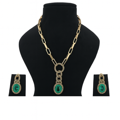 Aanura Red Stone Chain-Link Necklace with Earrings