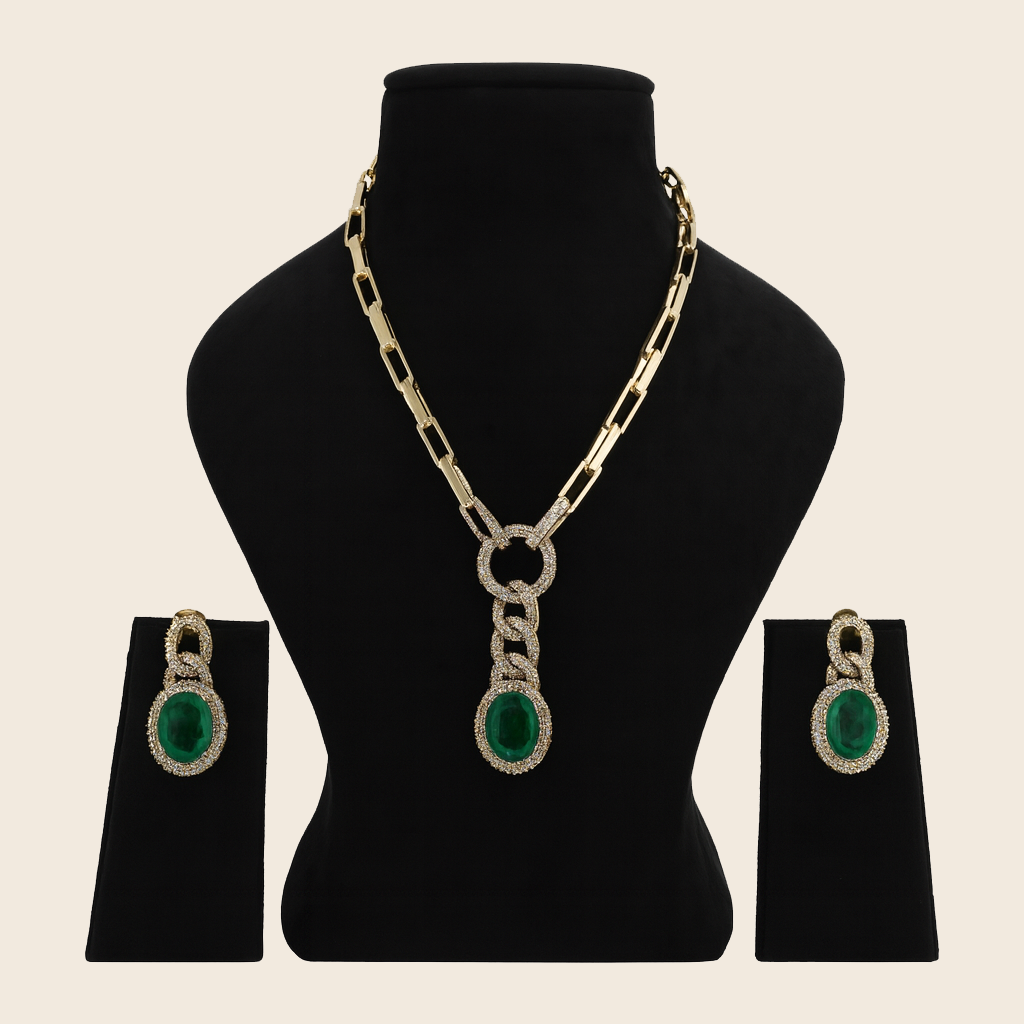 Aanura Red Stone Chain-Link Necklace with Earrings