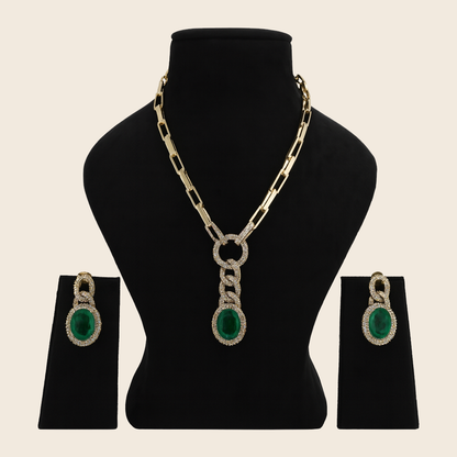 Aanura Red Stone Chain-Link Necklace with Earrings
