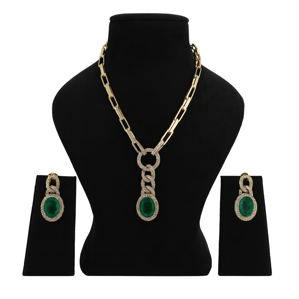 Aanura Red Stone Chain-Link Necklace with Earrings