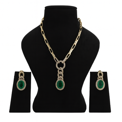 Aanura Red Stone Chain-Link Necklace with Earrings