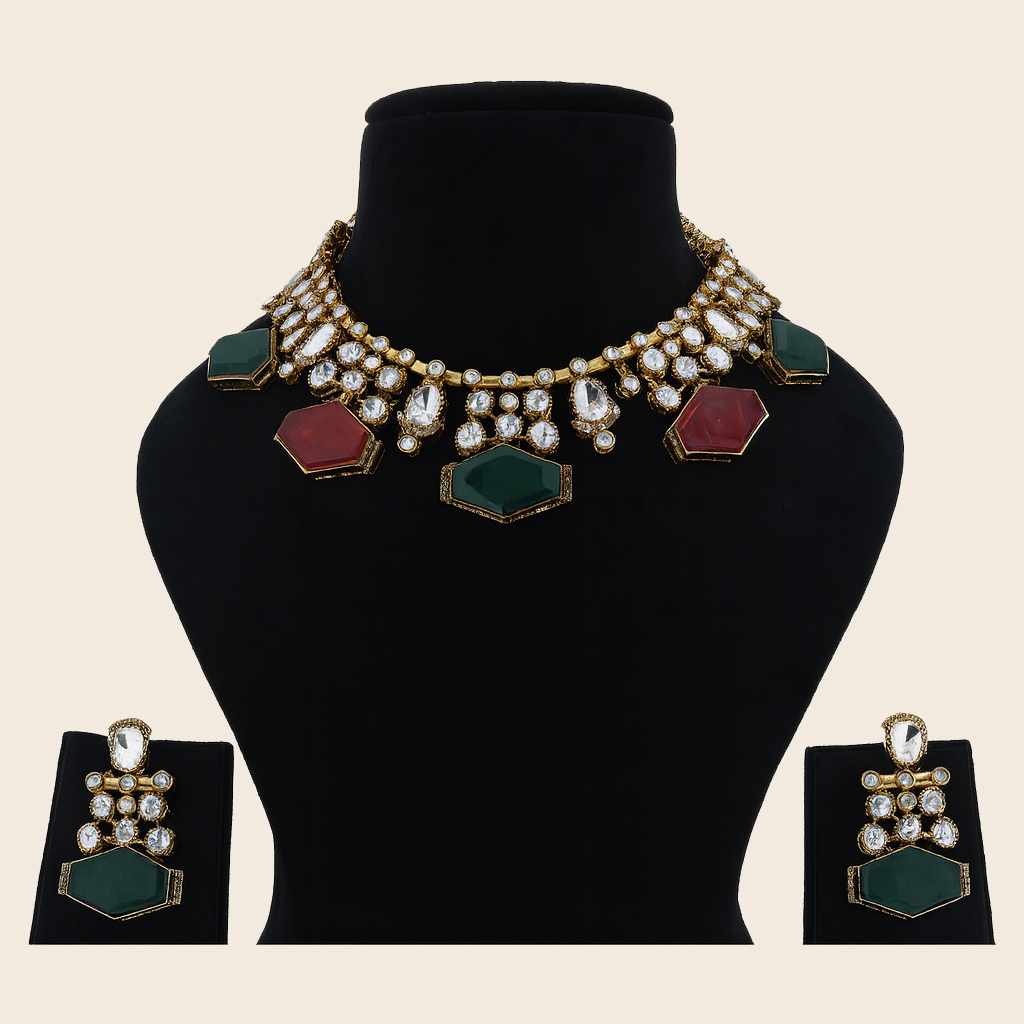 Aanura Dual-Tone Emerald Ruby Kundan Heritage Necklace
