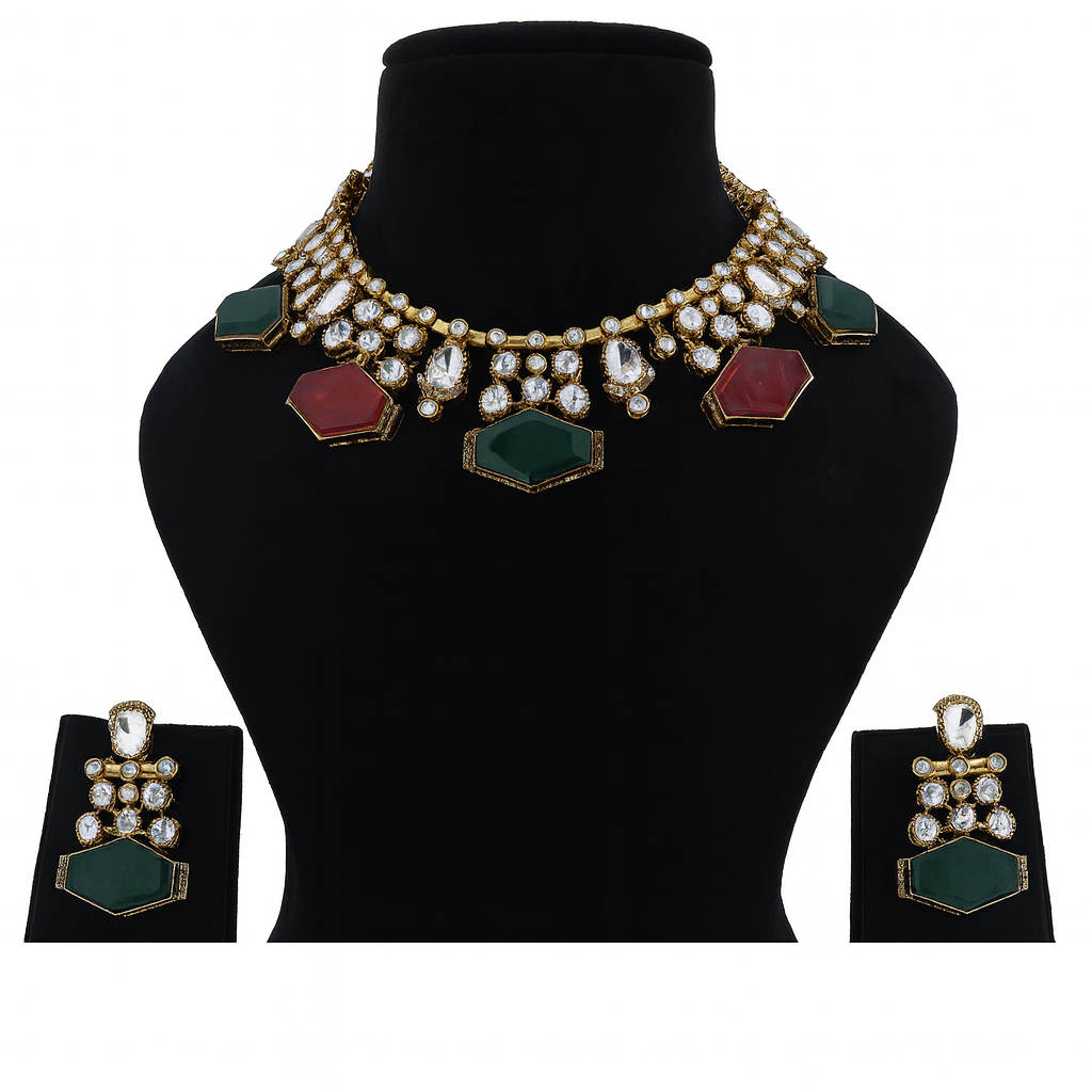 Aanura Dual-Tone Emerald Ruby Kundan Heritage Necklace