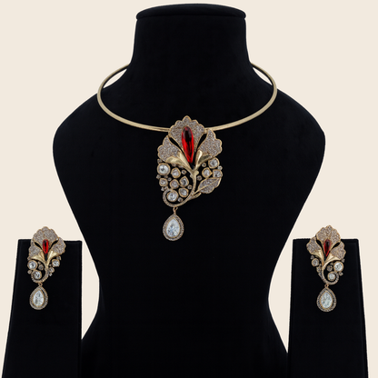 Aanura Red Stone Floral Choker Necklace with Earrings