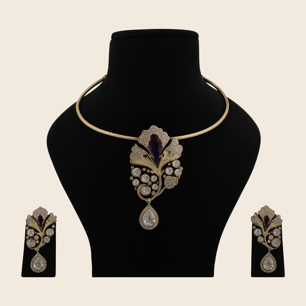 Aanura Red Stone Floral Choker Necklace with Earrings