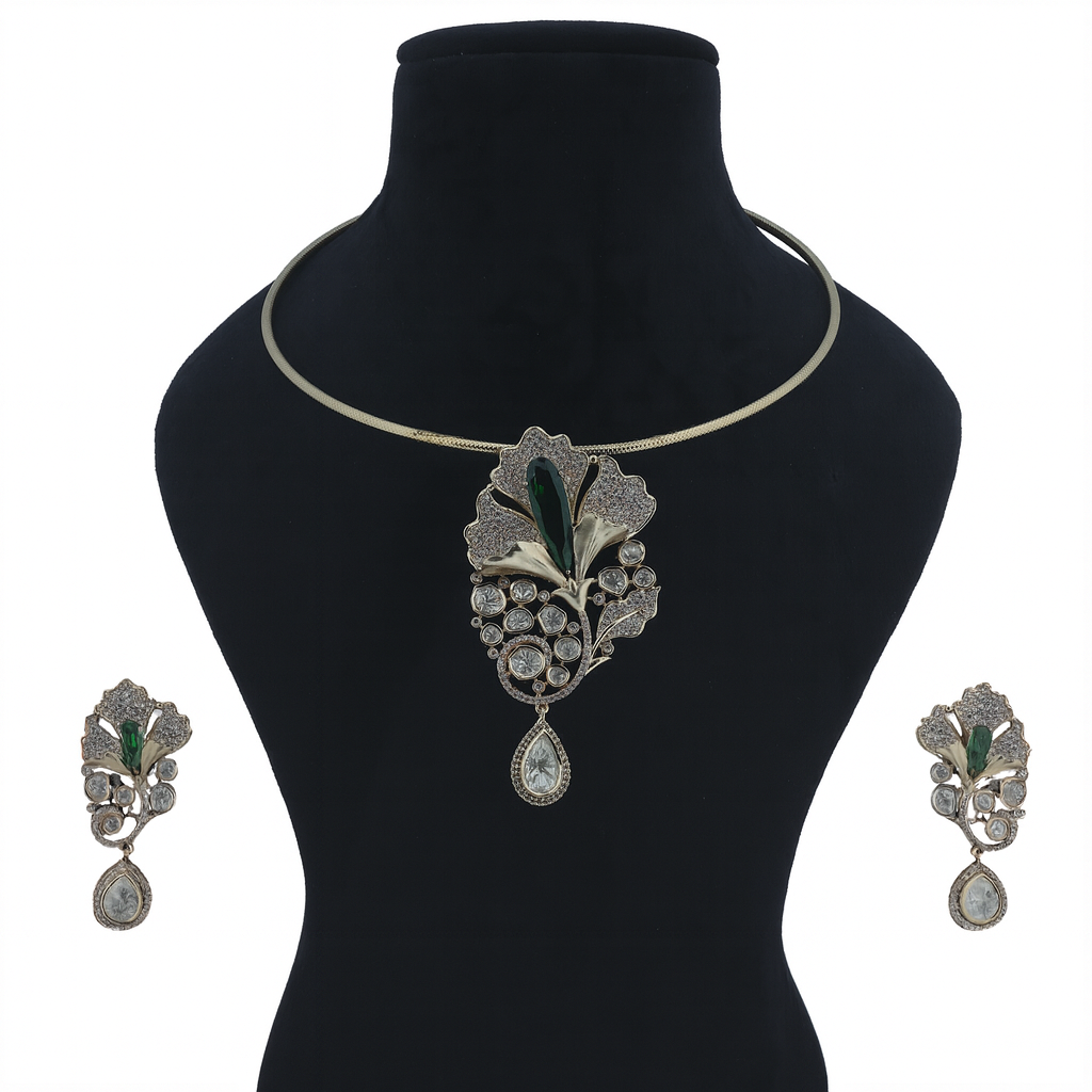 Aanura Red Stone Floral Choker Necklace with Earrings