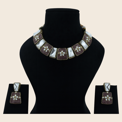 Aanura Bold Kundan Block Necklace Set with Earrings