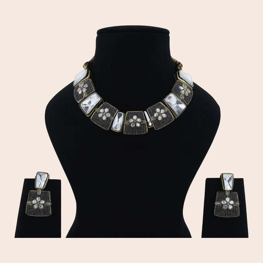 Aanura Bold Kundan Block Necklace Set with Earrings