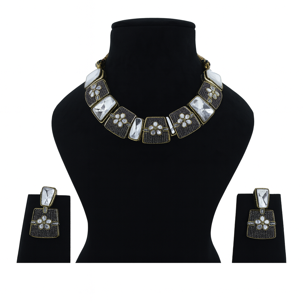 Aanura Bold Kundan Block Necklace Set with Earrings