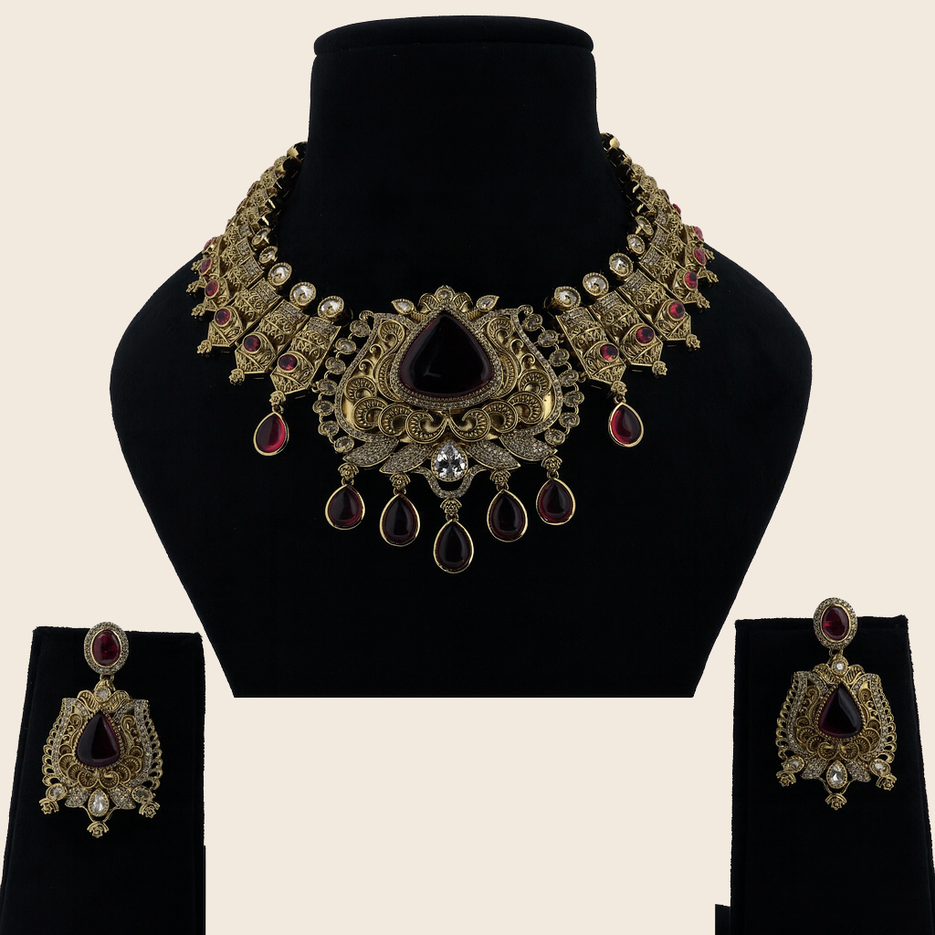 Aanura Antique Bridal Necklace with Ruby Red Stones