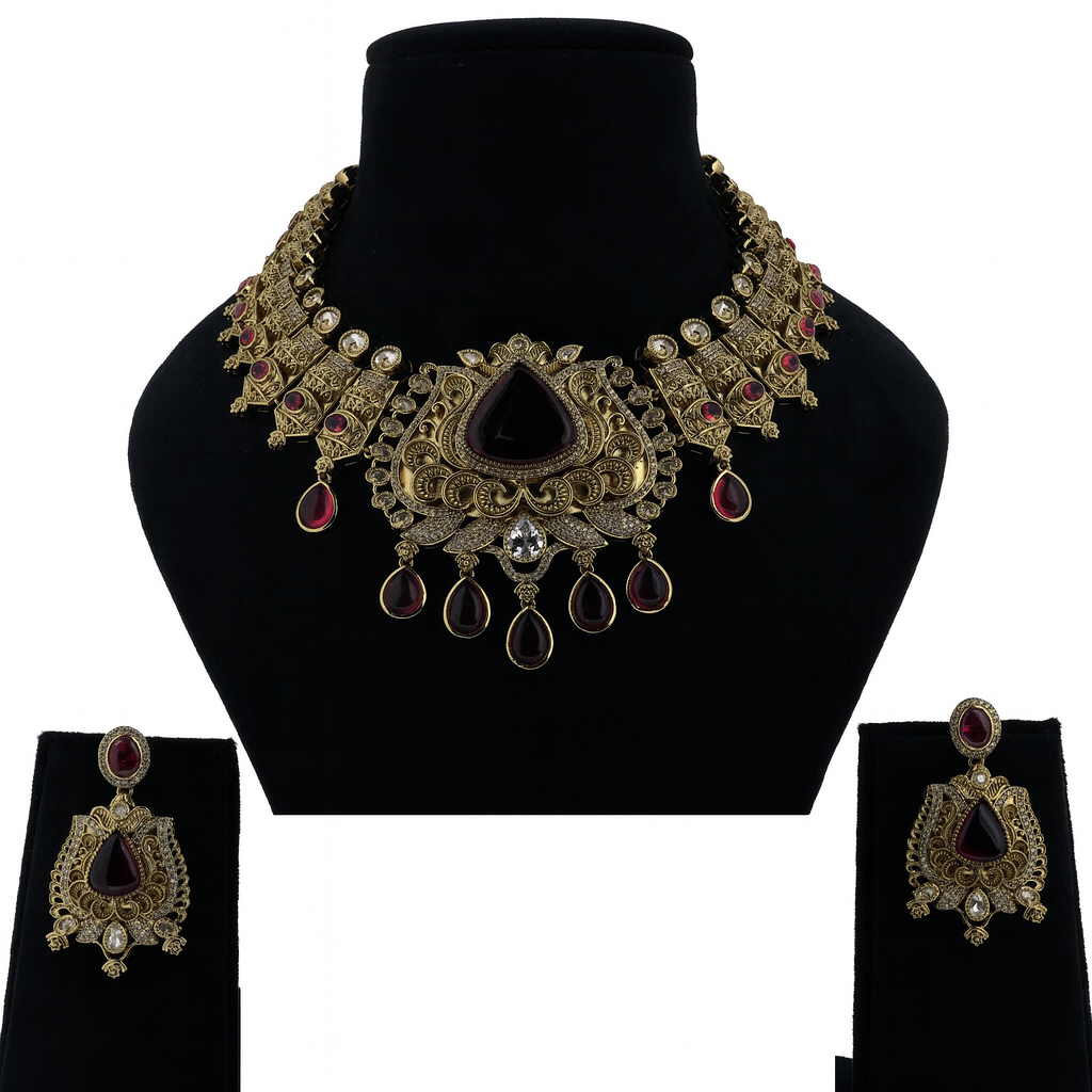 Aanura Antique Bridal Necklace with Ruby Red Stones