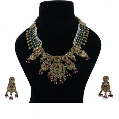 Aanura Temple Bridal Necklace with Ruby & Bead Strands