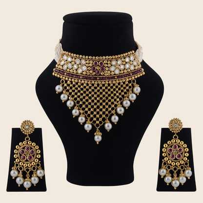 Aanura Pearl Bridal Choker Necklace with Ruby Motifs