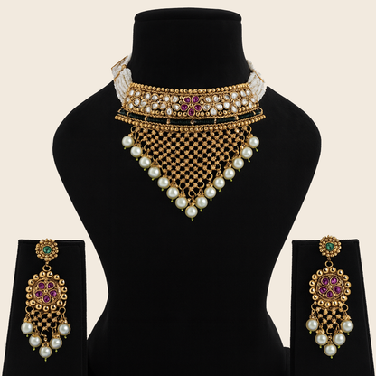 Aanura Pearl Bridal Choker Necklace with Ruby Motifs