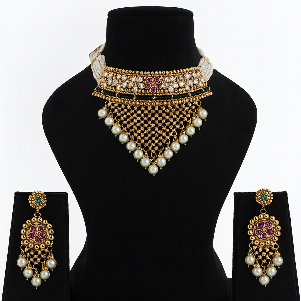 Aanura Pearl Bridal Choker Necklace with Ruby Motifs