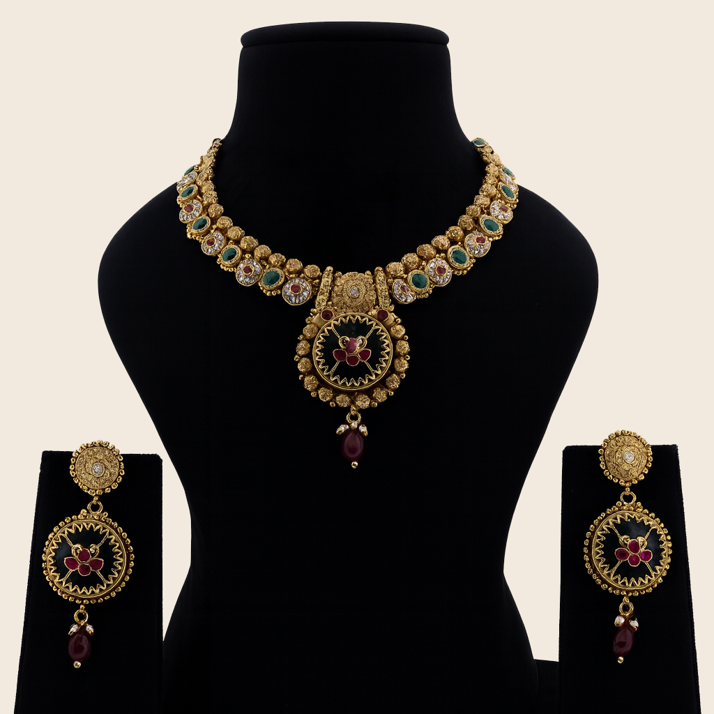 Aanura Circular Heritage Necklace with Green Stones