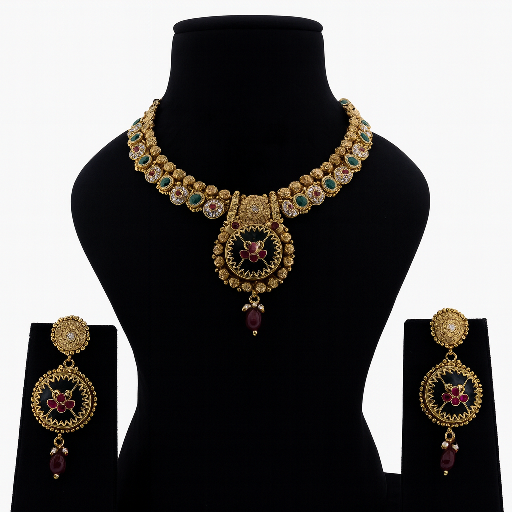 Aanura Circular Heritage Necklace with Green Stones