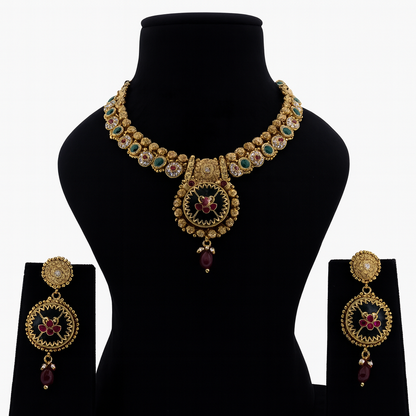 Aanura Circular Heritage Necklace with Green Stones