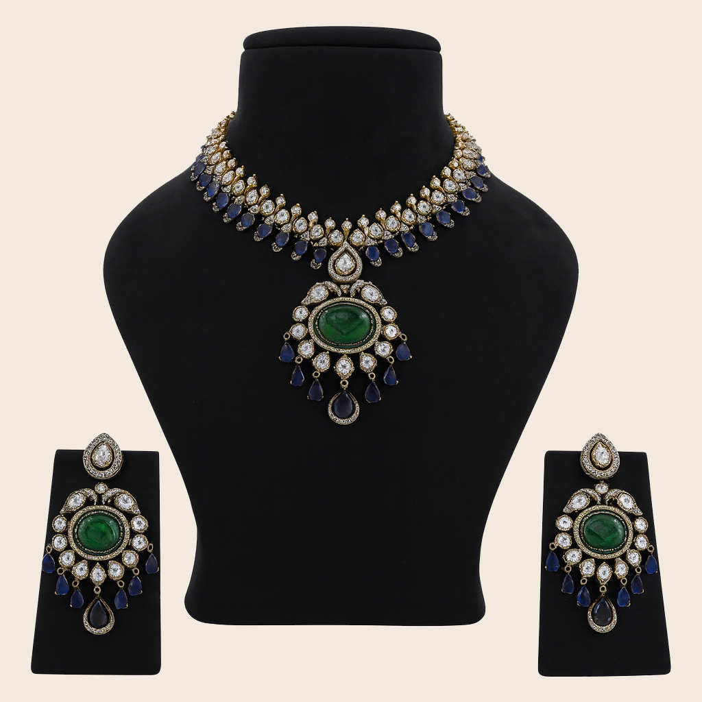 Aanura Royal Green Kundan Bridal Necklace with Earrings