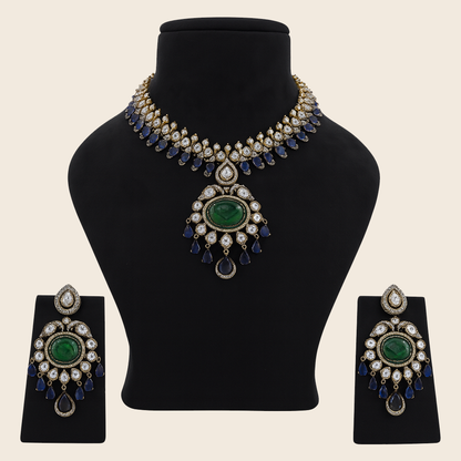 Aanura Royal Green Kundan Bridal Necklace with Earrings