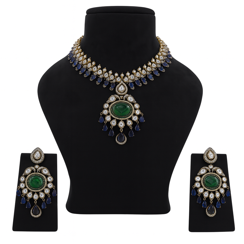 Aanura Royal Green Kundan Bridal Necklace with Earrings