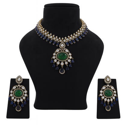 Aanura Royal Green Kundan Bridal Necklace with Earrings